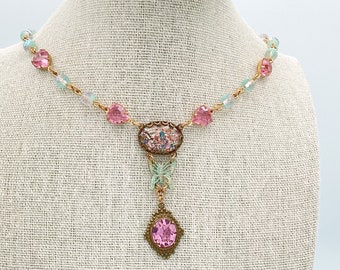 Brass and Foiled Art Glass Czech Beaded Butterfly Necklace Pink and Aqua