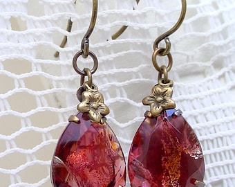 Ruby Foiled Earrings Art Glass and Brass - Teardrops