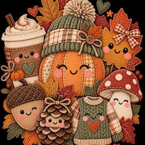 Op de afbeelding: Een verzameling herfstachtige illustraties in viltstijl met een glimlachende pompoen met een groene gebreide muts, een koffiebeker met slagroom, een esdoornblad met een ruitjesstrik, een eikel, een dennenappel, een paddenstoel en een groene gebreide trui.