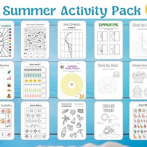 May include: A collection of 15 activity pages for summer, featuring coloring, dot-to-dot, matching, and maze puzzles. The pages include summer-themed images like ice cream, beach scenes, and patterns, all in black and white.