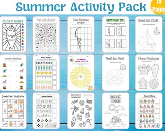 Paquete de actividades de verano, hojas de trabajo para preescolar, arte de puntos, técnicas de tijera (imprimibles)