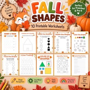 Könnte beinhalten: Ein Set aus 10 ausdruckbaren Lernarbeitsblättern mit dem Titel Fall Shapes, verziert mit einem Cartoon-Fuchs, Kürbissen und Herbstblättern. Die Seiten enthalten Übungen wie das Nachzeichnen von Formen, Schatten-Zuordnungen und das Identifizieren von Kreisen.