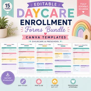 Könnte beinhalten: Ein digitales Paket mit 15 bearbeitbaren Anmeldeformularen für Kindertagesstätten und Canva-Vorlagen. Das Set enthält Formulare für die Kinderanmeldung, medizinische Informationen, Notfallkontakte und Anleitungen im Format 21,6 cm x 27,9 cm.