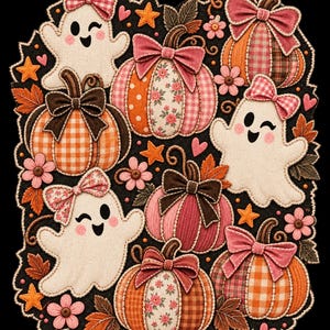 May include: A decorative wall hanging featuring a black background with appliqued fabric ghosts and pumpkins. The ghosts have pink cheeks and bows. The pumpkins are patterned with orange and pink gingham, floral prints, and solid colours, accented with bows, small flowers, and stars.