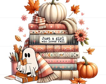 Ghost Reading Book Stack PNG, Halloween Fall Pumpkin (Digital Download)