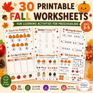 May include: A set of 30 printable autumn worksheets for preschoolers, featuring activities like counting pumpkins, number tracing, missing numbers, sorting objects, same or different comparisons, and math reviews on 21.6 x 27.9 cm pages.