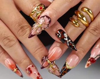 Vernis à presser avec pointe française Ferena avec fleurs 3D, Ongles en fleurs de cerisier, Ongles luxueux faits main, Ongles stylets longs, Set d'ongles réutilisables