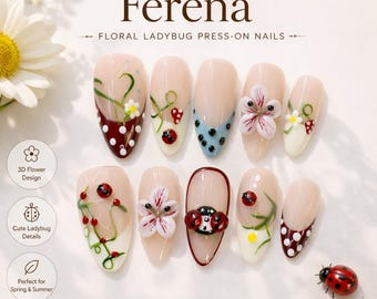 Presse-ongles floral coccinelle Ferena, forme d'amande de jardin de fleurs 3D