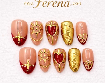 Ongles à presser luxueux dorés et rouges Sacré-Cœur Ferena | Lot de clous croisés vintage | Ongles de style baroque | Ongles brillants faits main en amande