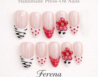 Ferena 3D Floral French Tip Presse sur les ongles | Faux ongles réutilisables Red Zebra