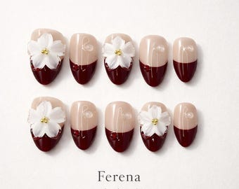 Ongles Ferena Bourgogne French Tip Press sur les ongles, Floral 3D Amande, Ongles de printemps élégants faits main