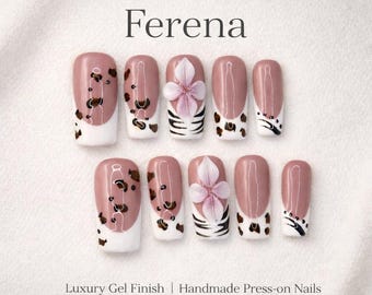 Ferena Pink French Tip Presse sur les ongles, Fleur 3D, Imprimé léopard, Ongles brillants faits main