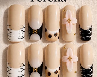 Ferena fait main presse sur les ongles 3D imprimé floral et animal moyen/court carré léopard/zèbre/fleur nude épais réutilisable acrylique faux ongles