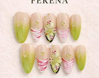 Ongles Ferena vert printanier floral French Tip amande | Ongles faits main