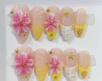 Ferena Summer Floral Press On Nails | 3D Pink Flowers, Yellow Gradient, Almond Shape