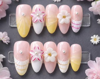 Ferena Floral Press On Nails Pink Yellow Gradient 3D Flower Almond Shape Glossy Handmade Fake Nails Reusable Cute Soft Girl Nails