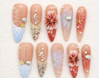 Vernis à ongles floral 3D Ferena | Faux ongles réutilisables en forme de coquillage et d'amande de Summer Beach