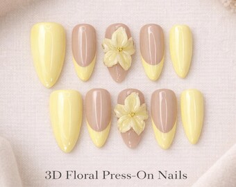 Ongles à presser Ferena jaune doux floral | Ongles fleur 3D | Astuce française nue | Ongles de printemps | Ensemble d'ongles faits main | Ongles en amande