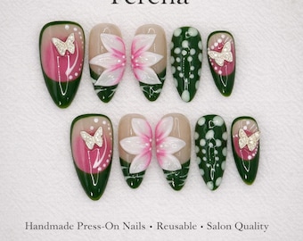 Vernis à presser floral papillon vert Ferena, Clous fleurs 3D, Ongles printemps-été faits main, Qualité salon réutilisable, Esthétique de jardin