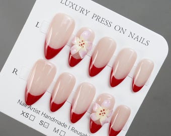 Ferena Sakura Rouge French Tip Presse Sur Ongles | Ongles 3D en fleurs de cerisier | Ongles réutilisables de luxe faits main | Ongles nude rose amande