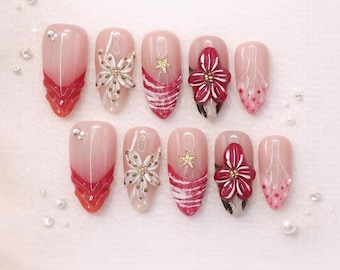 Presse-ongles floral rouge Ferena | Ensemble de luxe printanier ombré de fleurs 3D