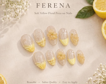 Yellow French Tip Floral Almond Nails, Handmade Reusable Press-On Set