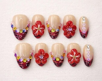 Ongles à presser fleurs rouges 3D, faux ongles floral rose foncé à imprimé animal, ongles glamour luxueux, colle réutilisable sur les ongles, ensemble d'ongles tendance