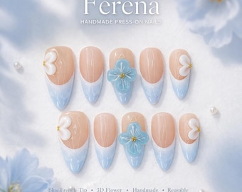 Ferena French Tip Presse sur les ongles avec fleur 3D, Ongles en amande faits à la main, Ongles de fille doux et mignons, Ensemble d'ongles printemps-été
