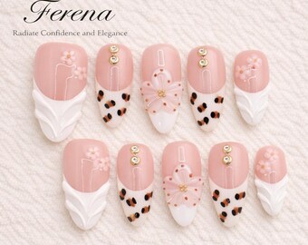 Ongles faits à la main avec pointe florale rose rose Ferena, fleurs 3D douces accent léopard fille