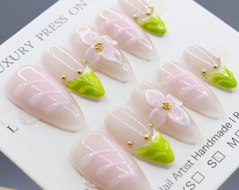 Ferena floral rose vert en forme d'amande fleur 3D à presser sur les ongles, ongles de printemps mignons réutilisables, idée cadeau