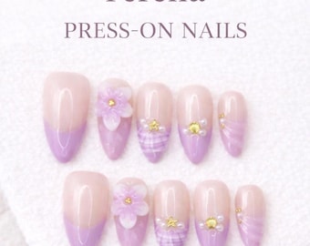 Ongles à presser à pointe française floral lavande Ferena | Conception 3D de tourbillon de fleurs