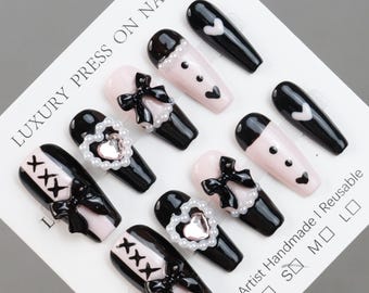 Presse-ongles noir rose avec noeud Ferena | Ongles coeur perle 3D | Ongles réutilisables de luxe faits main | Ongles coquettes mignons