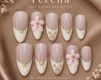 Ferena 3D Flower French Tip Press sur les ongles, ongles élégants rose nude de luxe, colle réutilisable faite main sur les ongles