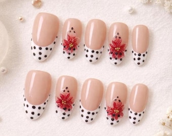 Ferena 3D orchidée à pois presse sur les ongles, ongles blancs pointe française avec fleur peinte à la main, ongles fleur rouge, ensemble d'ongles fait main