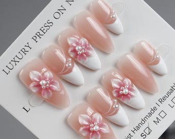Ongles à presser floraux Ferena Amande | Ongles fleur 3D roses avec perles | Faux ongles élégants pour le printemps | Lot de clous réutilisables