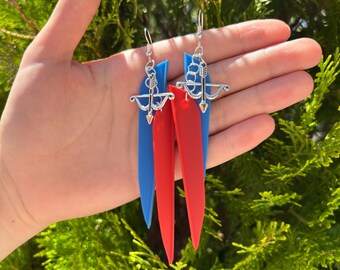 Archery bow and arrow fletching dangle earrings