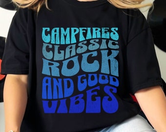 Campfires Classic Rock and Good Vibes Comfort Colors Tshirt for Camping, Glamping, and Outdoors