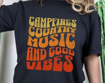 Campfires Country Music and Good Vibes Retro Comfort Colors Tshirt for Camping, Glamping, and Outdoors