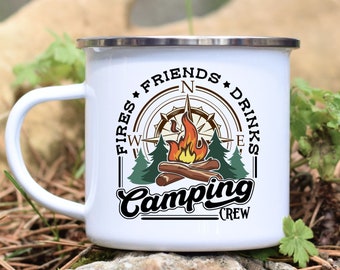 Fires, Friends, Drinks, Camping Crew 12oz Enamel Camping Mug for Coffee, Tea, Hot Chocolate, Camping Mug gift for Outdoor Camping Lovers