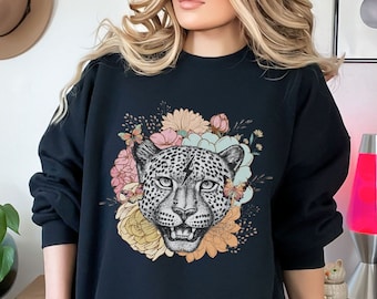 Floral Leopard Animal Line Art Womens Sweatshirt