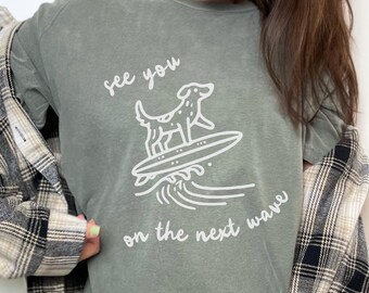 Surfing Dog Doodle T-Shirt: Comfort Colors Unisex Graphic Tee
