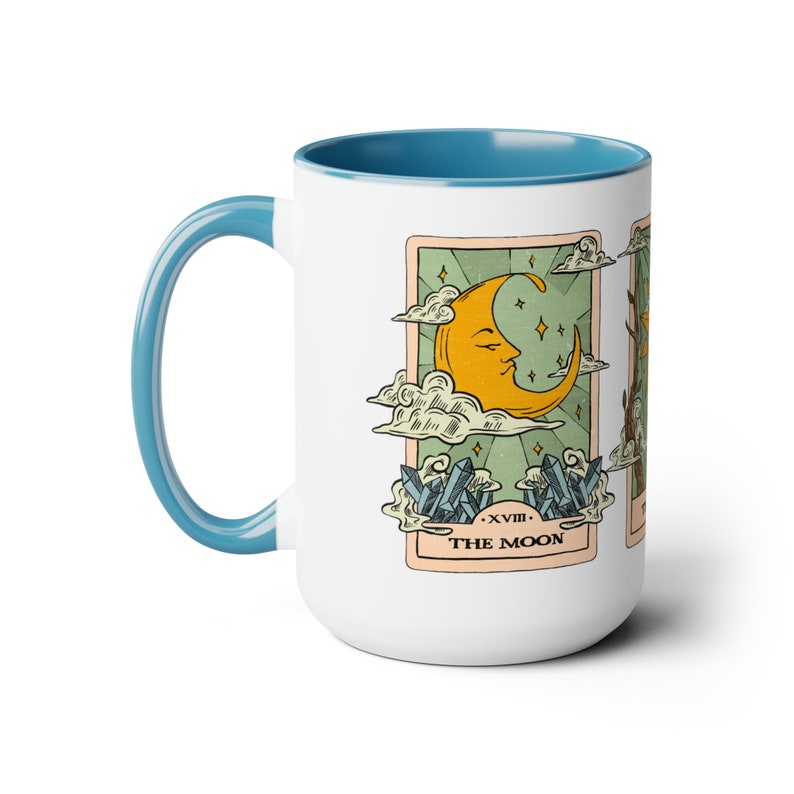 Tarot Cards Coffee Cup, Mystical Sun Moon and Stars Mug, Celestial Coffee Mug, Birthday Gift Mug, Special Occasion Gift, Colored Handle Mug Light Blue