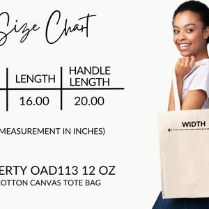 Peut inclure: Un sac fourre-tout en toile de coton beige, mesurant 38 cm de large, 41 cm de long, avec une longueur de poign&eacute;e de 51 cm. Le texte "Size Chart" et "LIBERTY OAD113 12 OZ COTTON CANVAS TOTE BAG" sont &eacute;galement visibles.