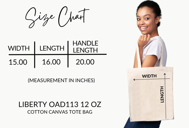 Peut inclure: Un sac fourre-tout en toile de coton beige, mesurant 38 cm de large, 41 cm de long, avec une longueur de poign&eacute;e de 51 cm. Le texte "Size Chart" et "LIBERTY OAD113 12 OZ COTTON CANVAS TOTE BAG" sont &eacute;galement visibles.