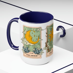 Tarot Cards Coffee Cup, Mystical Sun Moon and Stars Mug, Celestial Coffee Mug, Birthday Gift Mug, Special Occasion Gift, Colored Handle Mug Blue