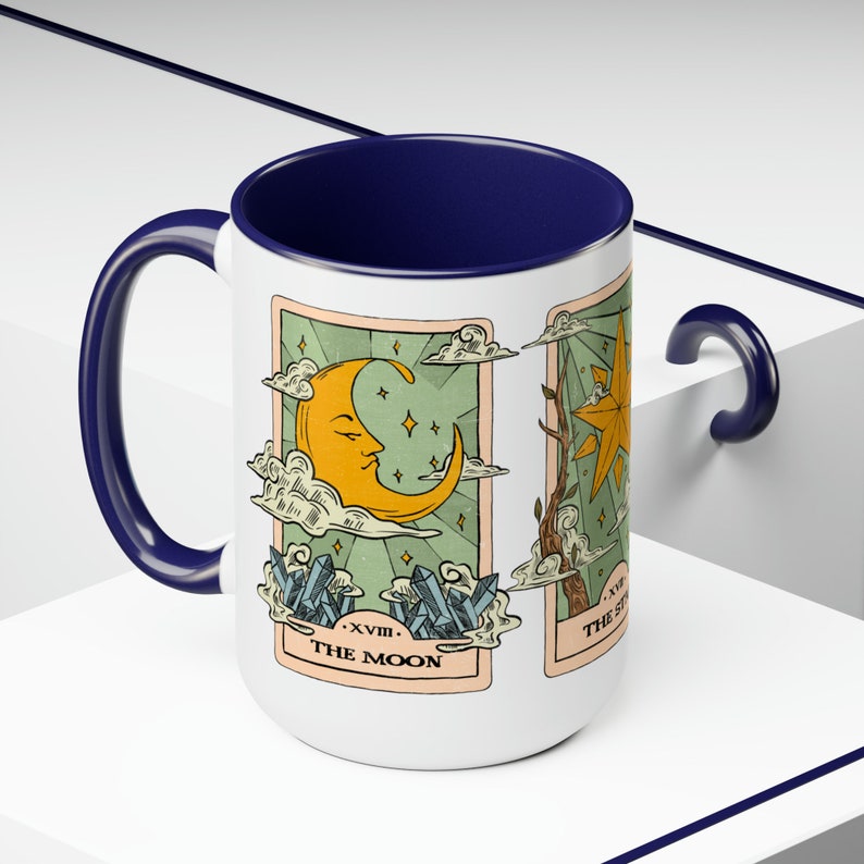 Tarot Cards Coffee Cup, Mystical Sun Moon and Stars Mug, Celestial Coffee Mug, Birthday Gift Mug, Special Occasion Gift, Colored Handle Mug Blue