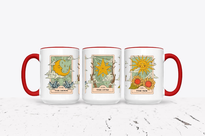Tarot Cards Coffee Cup, Mystical Sun Moon and Stars Mug, Celestial Coffee Mug, Birthday Gift Mug, Special Occasion Gift, Colored Handle Mug image 2