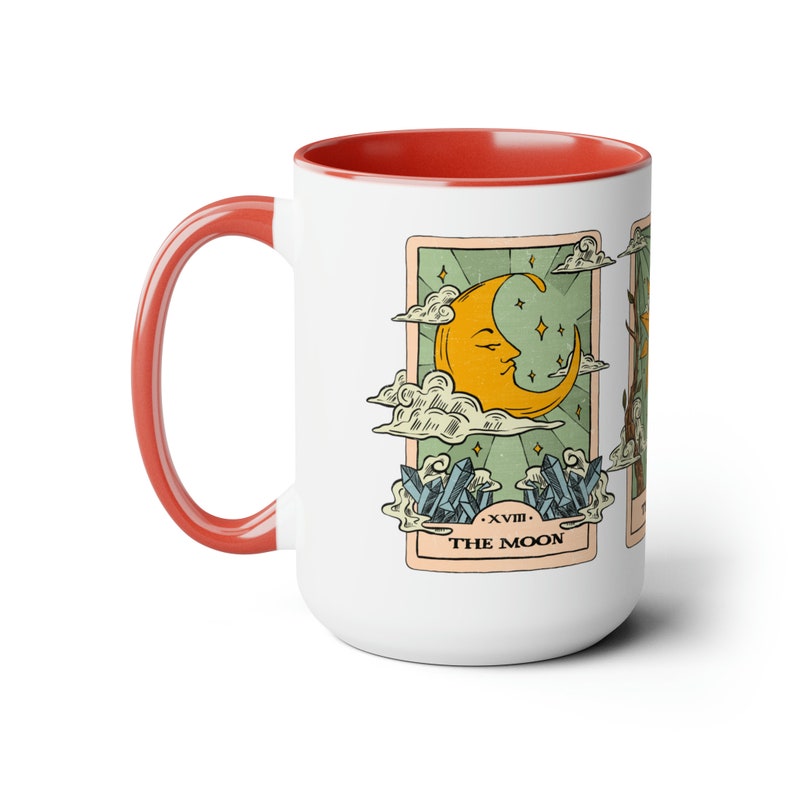 Tarot Cards Coffee Cup, Mystical Sun Moon and Stars Mug, Celestial Coffee Mug, Birthday Gift Mug, Special Occasion Gift, Colored Handle Mug Red