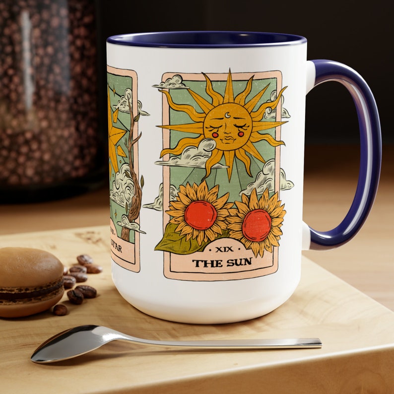 Tarot Cards Coffee Cup, Mystical Sun Moon and Stars Mug, Celestial Coffee Mug, Birthday Gift Mug, Special Occasion Gift, Colored Handle Mug image 1
