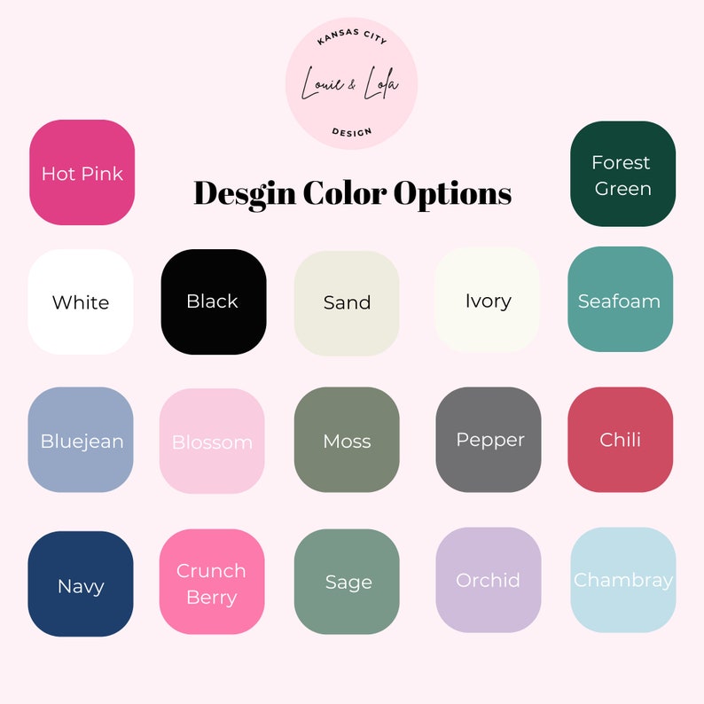 K&ouml;nnte beinhalten: Eine Farbpalette mit 18 verschiedenen Farbmustern. Die Muster sind mit Namen wie "Pink", "Waldgr&uuml;n", "Wei&szlig;", "Schwarz", "Sand", "Elfenbein", "Seegr&uuml;n", "Jeansblau", "Bl&uuml;te", "Moos", "Pfeffer", "Chili", "Marineblau", "Knackige Beere", "Salbei", "Orchidee" und "Chambray" beschriftet.